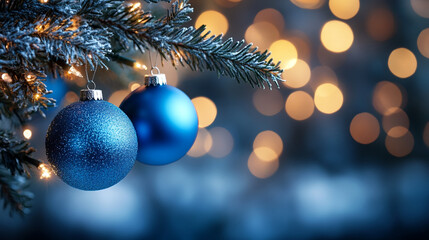 Blue glittery Christmas baubles with a snow-covered tree branch