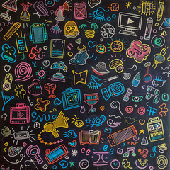 Colorful chalk doodles on a blackboard featuring various icons.