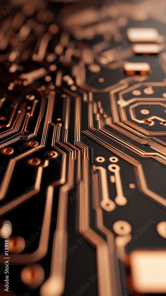 Poster close-up detailed shot of a copper circuit board showcasing intricate electronic pathways and connec