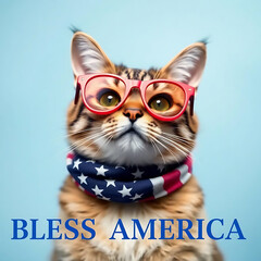  Fourth of July cat with American flag accessories and Bless America' message Created by Generative AI