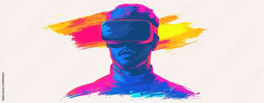 Poster a vibrant illustration depicts a person immersed in virtual reality using a headset against a colorf
