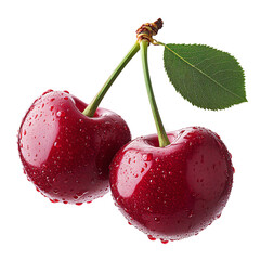  Plump red cherries with stems hovering in space on transparent background, perfect for fruit smoothie marketing and natural food branding 