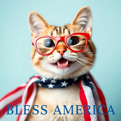  Fourth of July cat with American flag accessories and Bless America' message Created by Generative AI