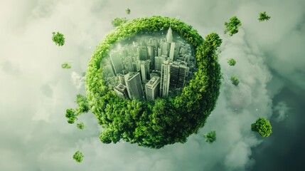 City in a Green Sphere, Environmental Sustainability, Floating Planet, Conceptual Image