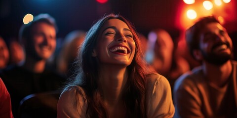 Group of people laughing at stand up comedy performance. Men and women with excited expressions on their faces.