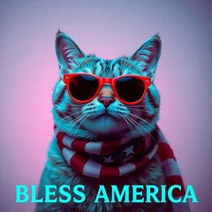  Fourth of July cat with American flag accessories and Bless America' message Created by Generative AI