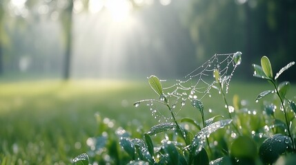 Dew-covered spiderweb on plants, sunrise park