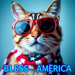 Fourth of July cat with American flag accessories and Bless America' message Created by Generative AI