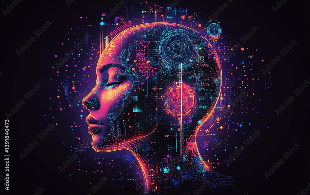 Aufkleber holographic human head with intricate neon patterns and digital symbols, representing generative ai 