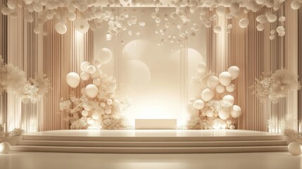 Empty wedding stage decorated with balloons and flowers