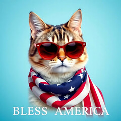  Fourth of July cat with American flag accessories and Bless America' message Created by Generative AI