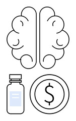 Brain at top, medicine bottle to the left, and coin with dollar sign to the right. Ideal for themes of mental health, pharmaceuticals, cost of care, decision-making, innovation, economy