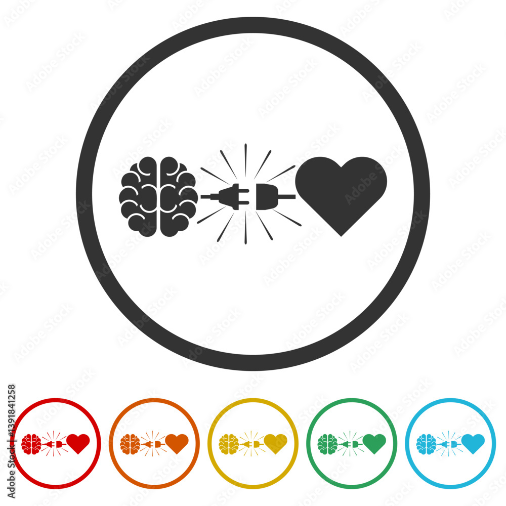 Poster heart and brain interactions electric plug connection icon. set icons in color circle buttons