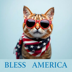  Fourth of July cat with American flag accessories and Bless America' message Created by Generative AI