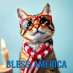  Fourth of July cat with American flag accessories and Bless America' message Created by Generative AI
