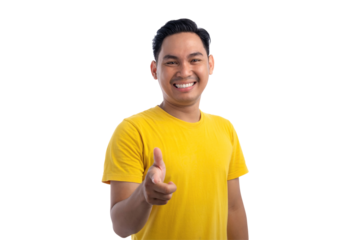Cheerful handsome Asian man pointing index finger at camera, choosing you isolated on transparent background