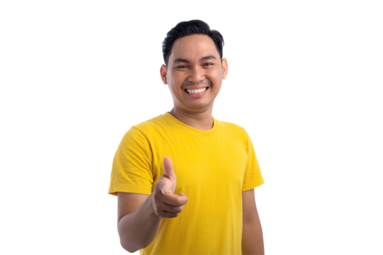 Cheerful handsome Asian man pointing index finger at camera, choosing you isolated on transparent background