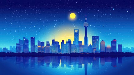 Shanghai Skyline at Night, Cityscape, Reflection, Stars, Sunrise