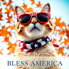  Fourth of July cat with American flag accessories and Bless America' message Created by Generative AI