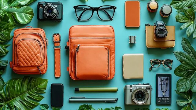 Flatlay of orange leather bag, cameras, glasses, & accessories surrounded by tropical leaves on a blue background