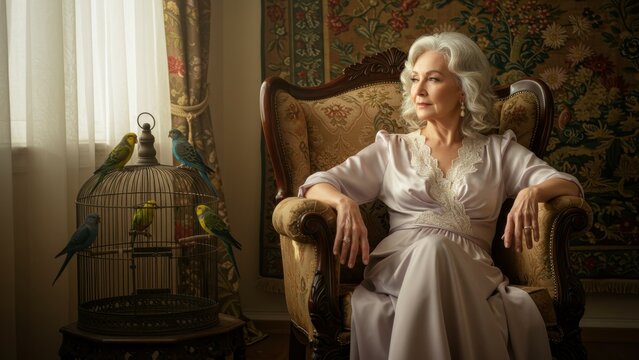 Elegant senior woman in armchair with parakeets and vintage birdcage.