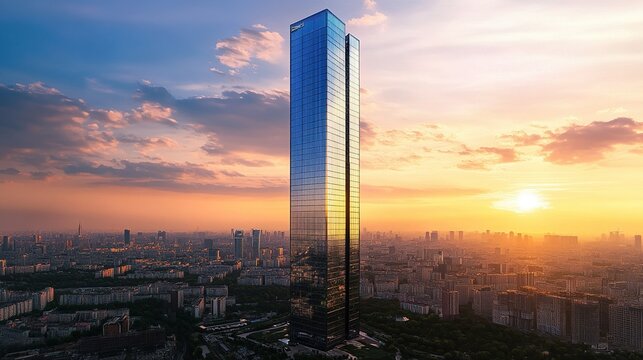 Futuristic modern skyscraper with glass windows reflecting in golden sunset light, tall building with mirror-like facade symbolizing innovation and advanced design in a metropolitan environment.