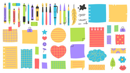 Stationery Writing Tools and Paper Sheets Set. Colorful Felt Tip Pen Pencil Quill Feather Eraser Memo Notes adhesive tape pin Collection. Vector illustration