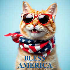  Fourth of July cat with American flag accessories and Bless America' message Created by Generative AI