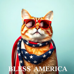  Fourth of July cat with American flag accessories and Bless America' message Created by Generative AI