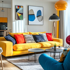 Bright living room featuring a yellow sofa with colorful pillows and modern art on the wall space