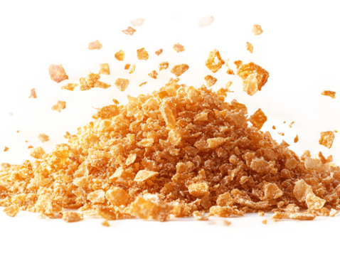  Crispy bread crumbs suspended in motion on transparent background, perfect for cooking tutorial videos and culinary education materials 