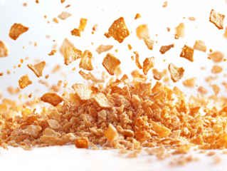  Toasted bread crumbs floating in space on transparent background, perfect for food preparation guides and cooking demonstration visuals 