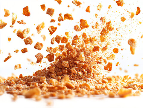  Crispy bread crumbs suspended in motion on transparent background, perfect for chef training programs and professional cooking applications 