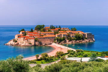 beautiful summer landscape of amazing resort on amazing island with yellow ancient walls and orange...