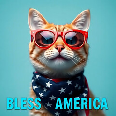Fourth of July cat with American flag accessories and Bless America' message Created by Generative AI