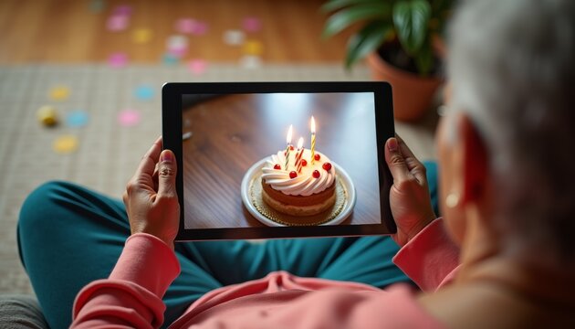 Elderly woman smiling during video call with birthday cake