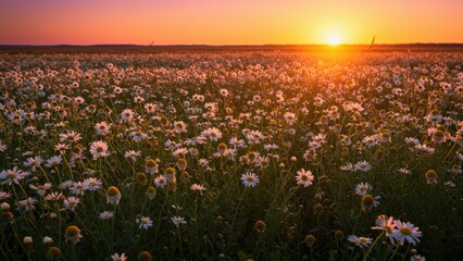 Naklejka premium A field of daisies at sunrise or sunset in a rural countryside.