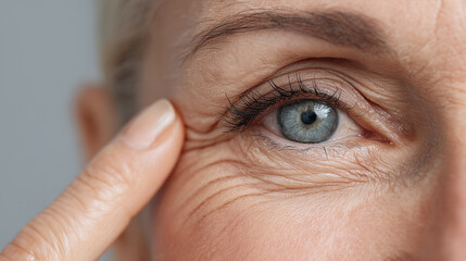 Focus on the eye area showcases fine lines and skin texture as an individual examines their appearance in soft lighting