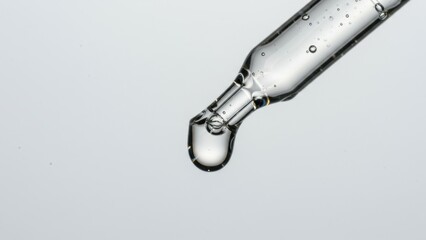Close up of a clear liquid droplet falling from the end of a glass dropper.