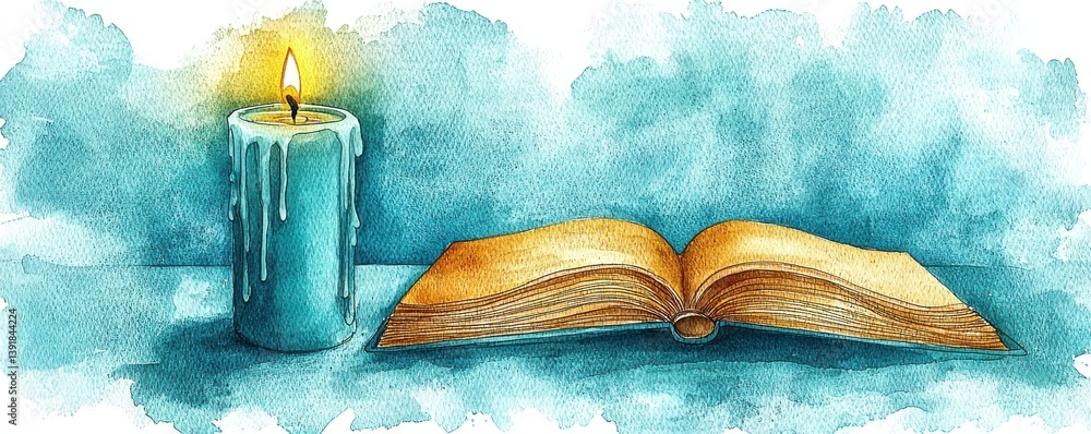 Aufkleber close up shot of a candle next to an open book resting on a table with soft blue watercolor backgrou