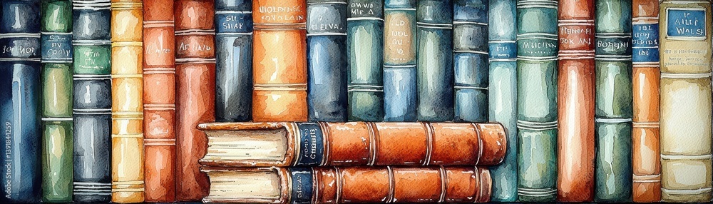 Poster close up of an old worn leather bound book with vintage others on a shelf displaying depth and textu