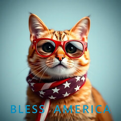 Fourth of July cat with American flag accessories and Bless America' message Created by Generative AI