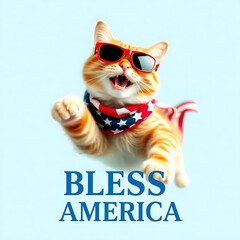 Fourth of July cat with American flag accessories and Bless America' message Created by Generative AI