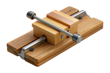 A sturdy wooden vise, an essential tool for artisans, sits isolated against a clean backdrop. The close-up captures the meticulous craftsmanship, revealing the robust design and its potential utility.