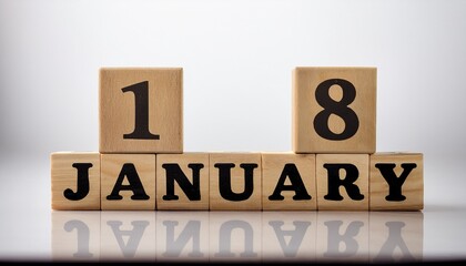 Minimalist photo of a wooden blocks with date 18 January. Day and month, calendar on white background