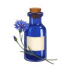 Cornflower blue glass bottle with label and wildflowers