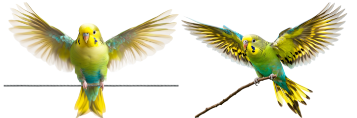  Set of a Beautiful yellow and green budgie with spread wings on the stick flying, isolated on transparent background.