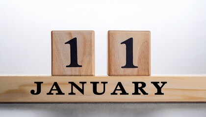 Minimalist photo of a wooden blocks with date 11 January. Day and month, calendar on white background