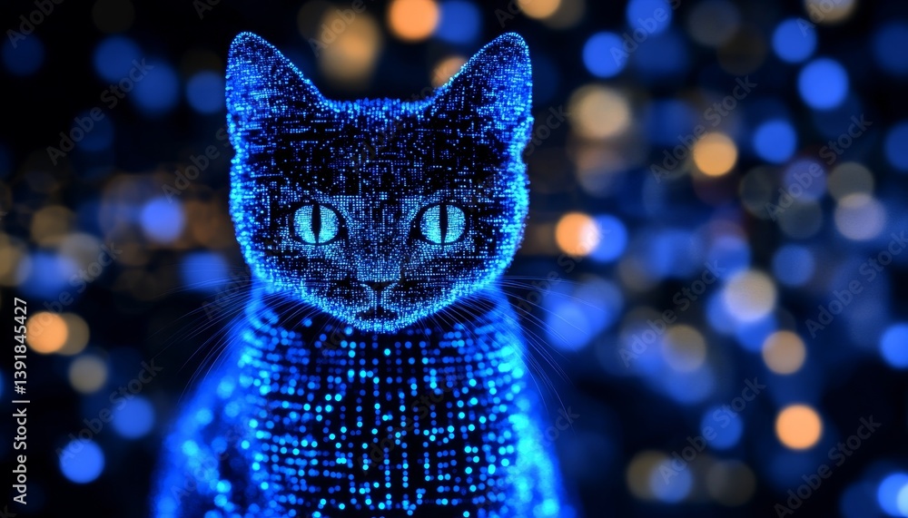 Poster holographic cat feline form composed of glowing blue particles on a dark background with bokeh