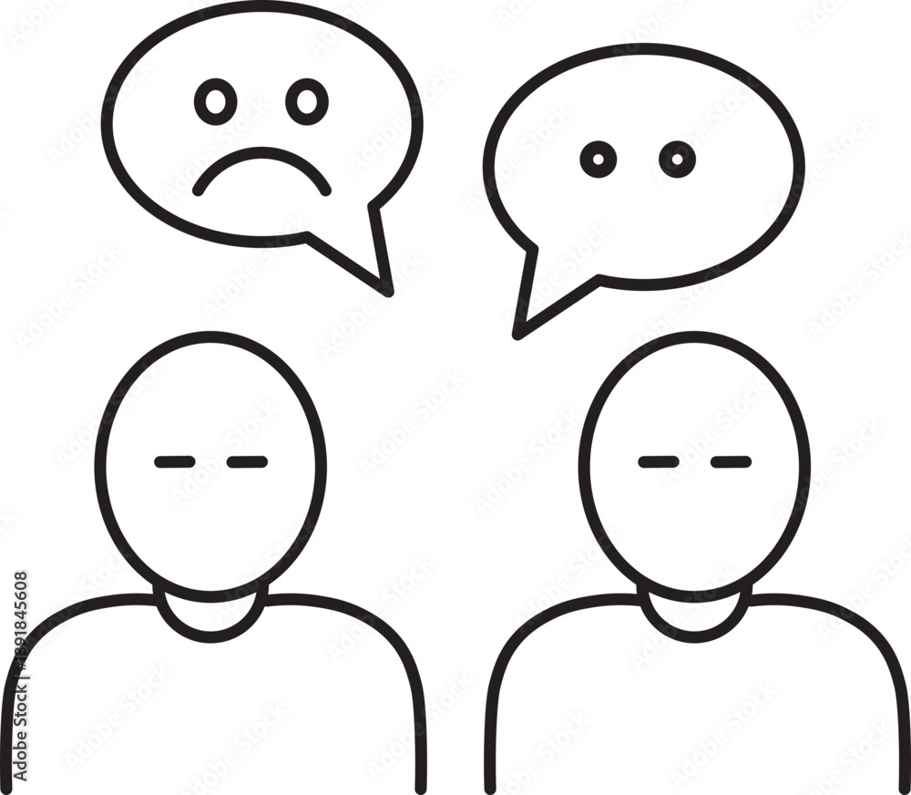 Poster two simple line drawn figures are depicted, one with sad face in speech bubble and other with neutra